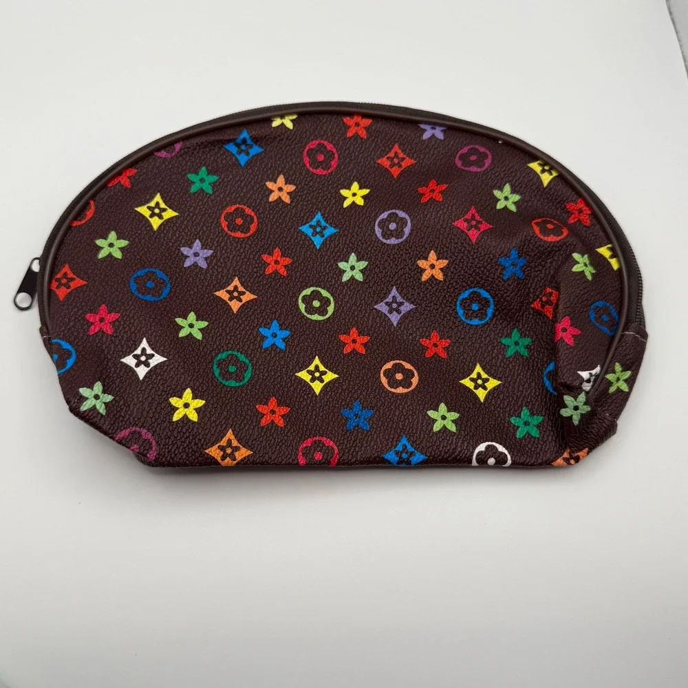 Brown Multicolor Monogram Cosmetic‎ Bag Makeup Pouch Zipper Closure